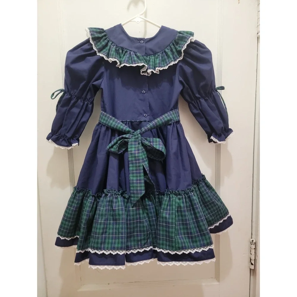 Vintage Mini World Provo Utah Girls 5 Navy Blue Lace Cottagecore Prairie Dress